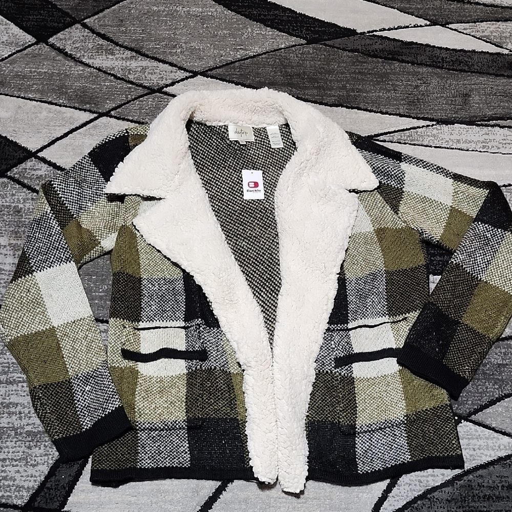 BUCKLE DAYTRIP FLYAWAY OLIVE PLAID FAUX-FUR TRIM CARDIGAN SWEATER JACKET XL
